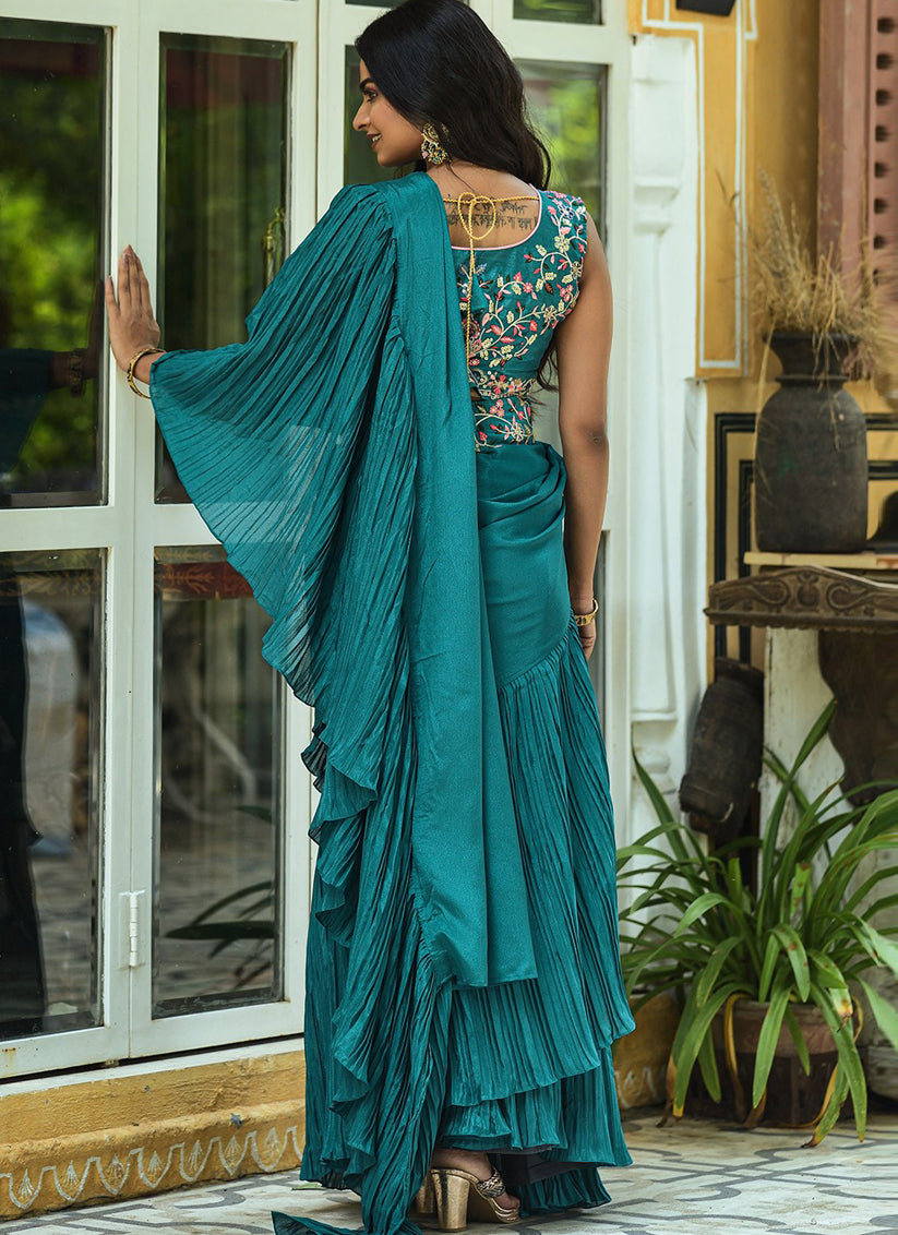 Peacock Blue Chinnon Saree with Readymade Blouse