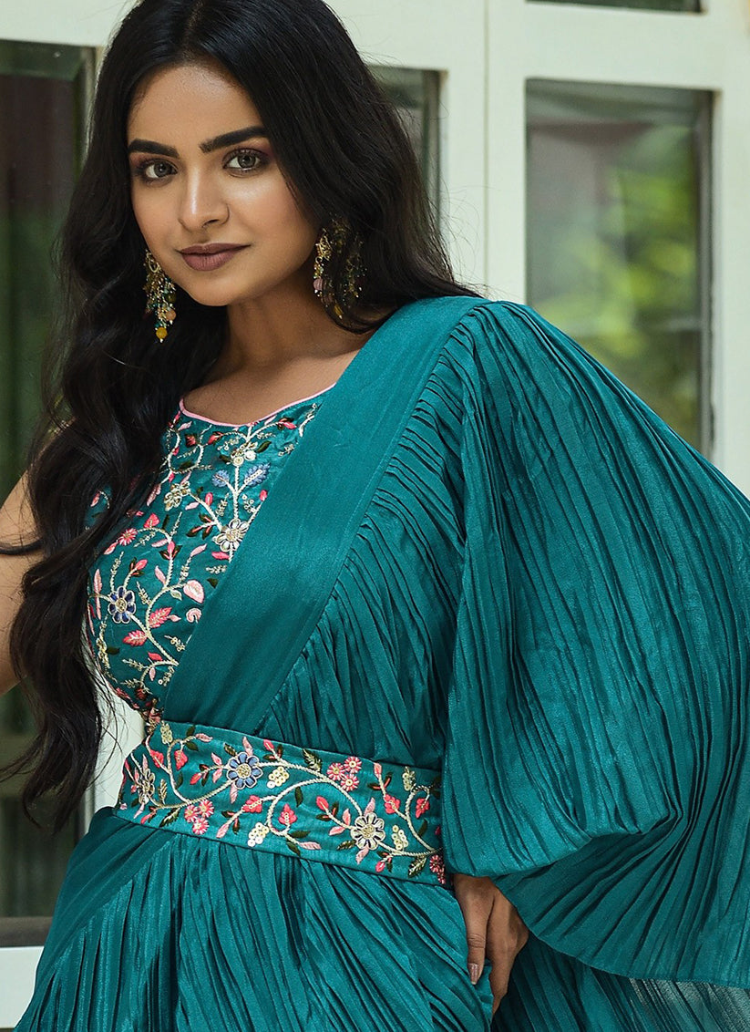 Peacock Blue Chinnon Saree with Readymade Blouse