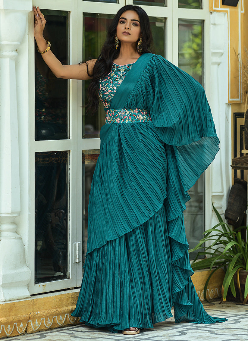 Peacock Blue Chinnon Saree with Readymade Blouse