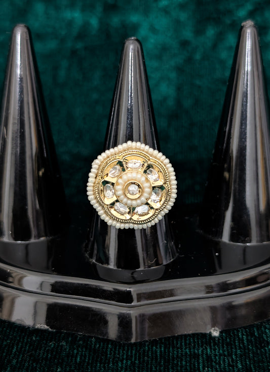 White Pearl and Kundan Studded Ring For Women