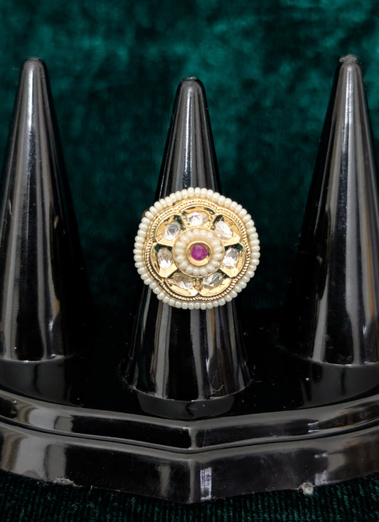 White Pearl and Kundan Studded Ring For Women