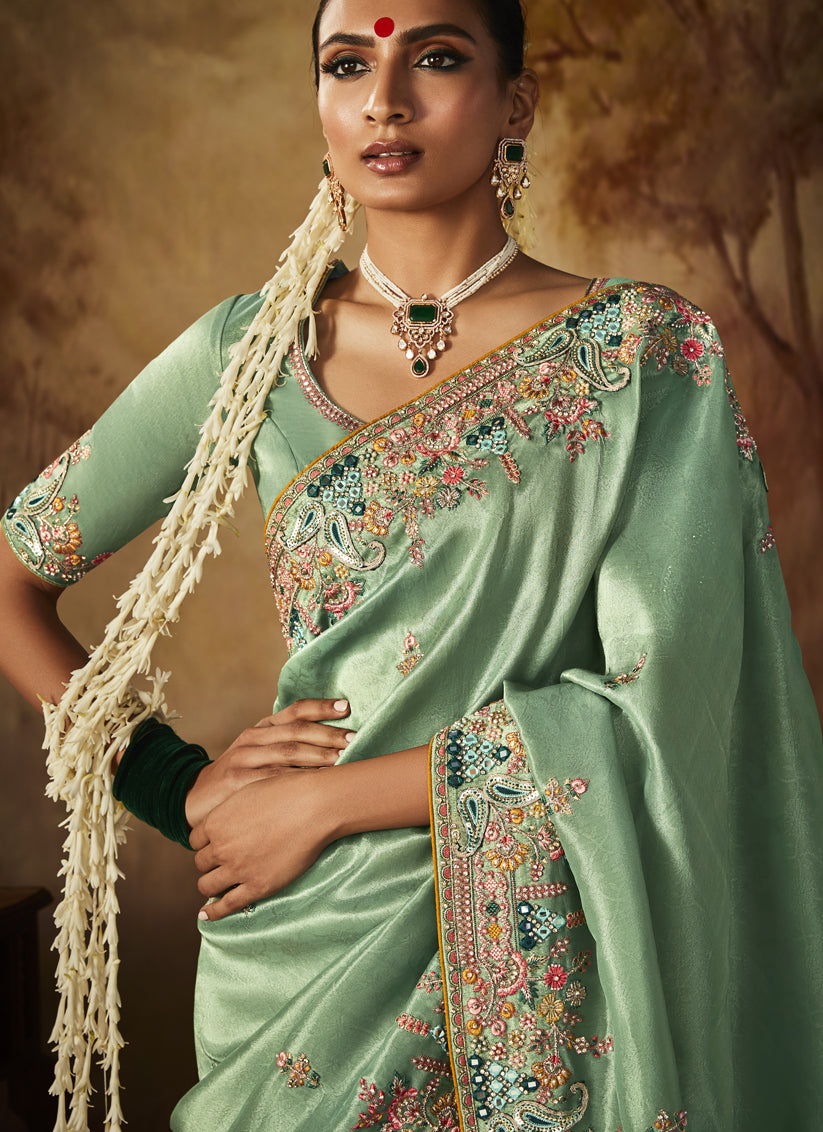 Sage Green Silk Embroidered Saree