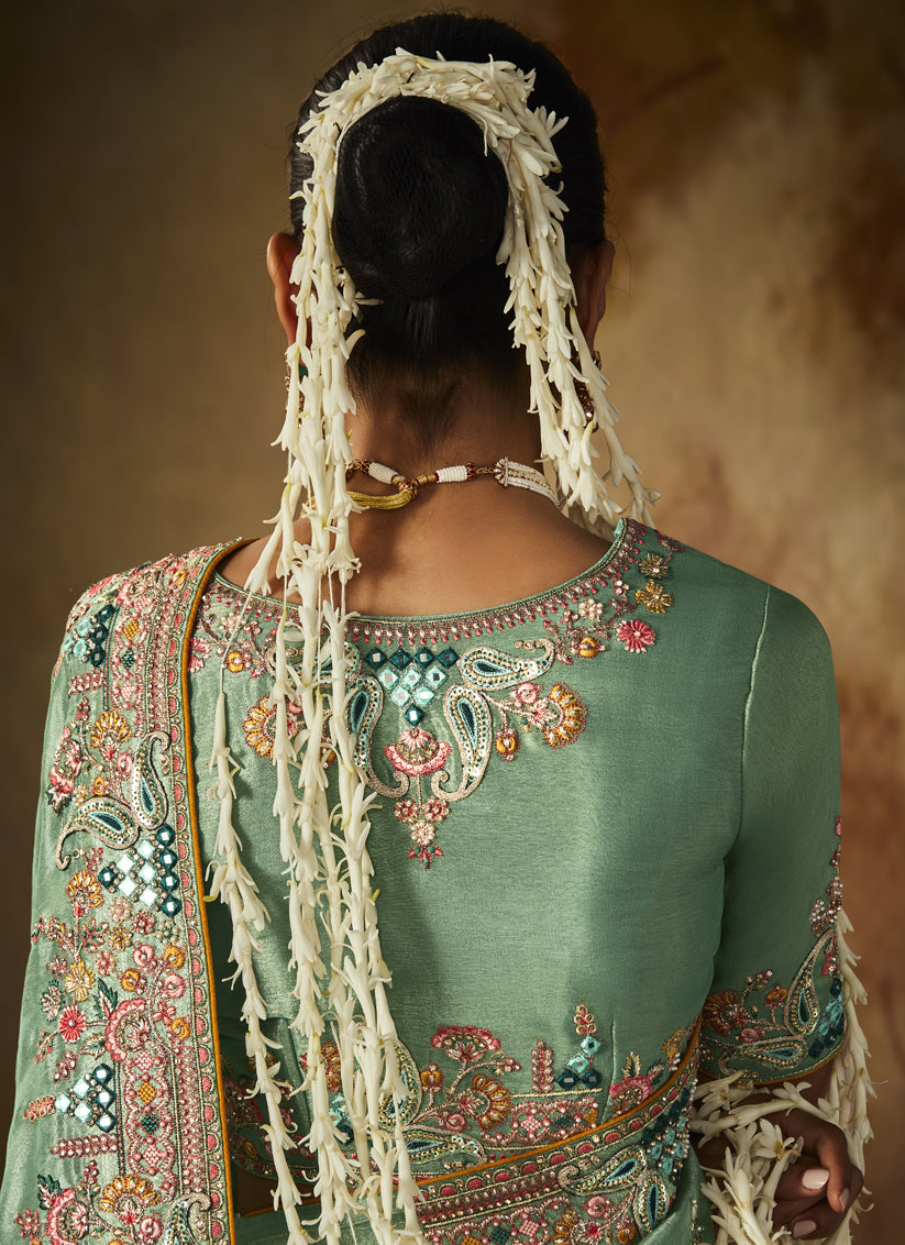 Sage Green Silk Embroidered Saree