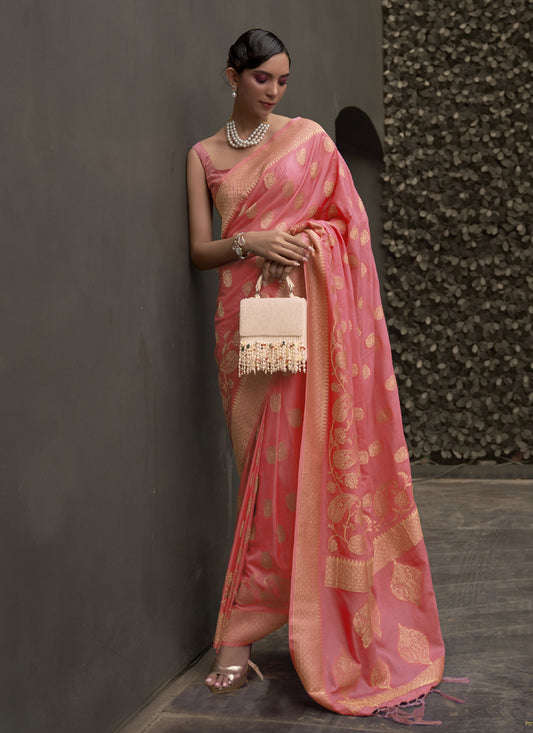 Coral Pink Two Tone Silk Zari Woven Saree