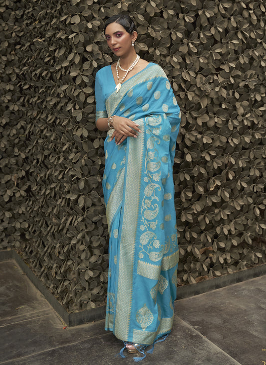 Sky Blue Two Tone Silk Zari Woven Saree