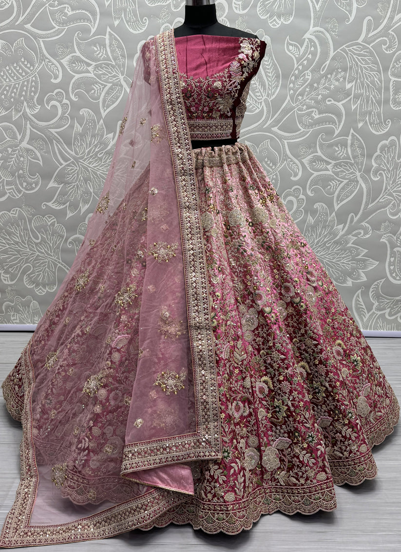 Pink Velvet Designer Lehenga Choli Set