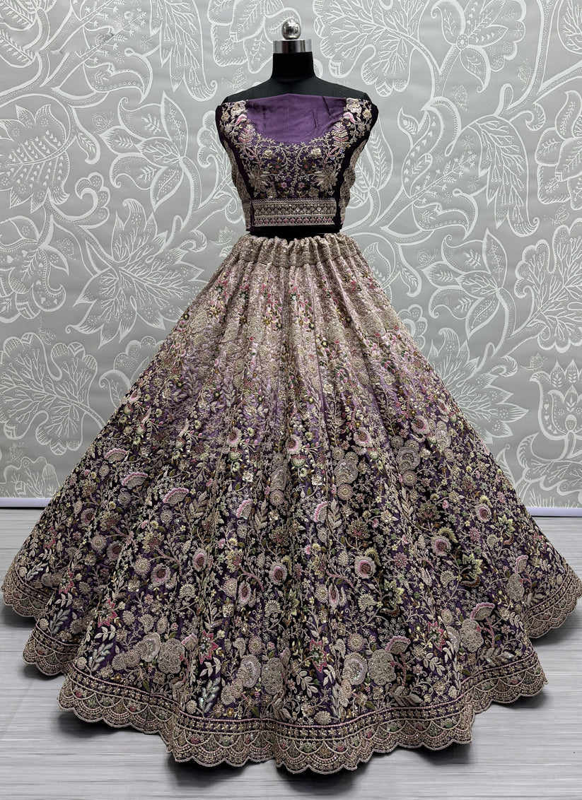 Purple Velvet Designer Lehenga Choli Set