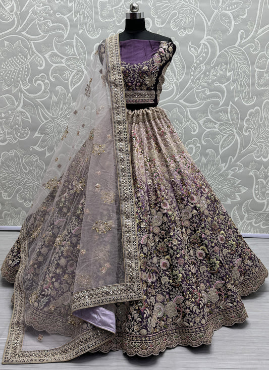 Purple Velvet Designer Lehenga Choli Set