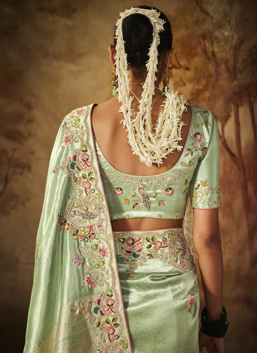 Mint Green Silk Embroidered Saree