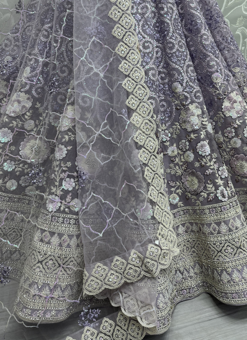 Lavender Net Embroidered Designer Lehenga Choli