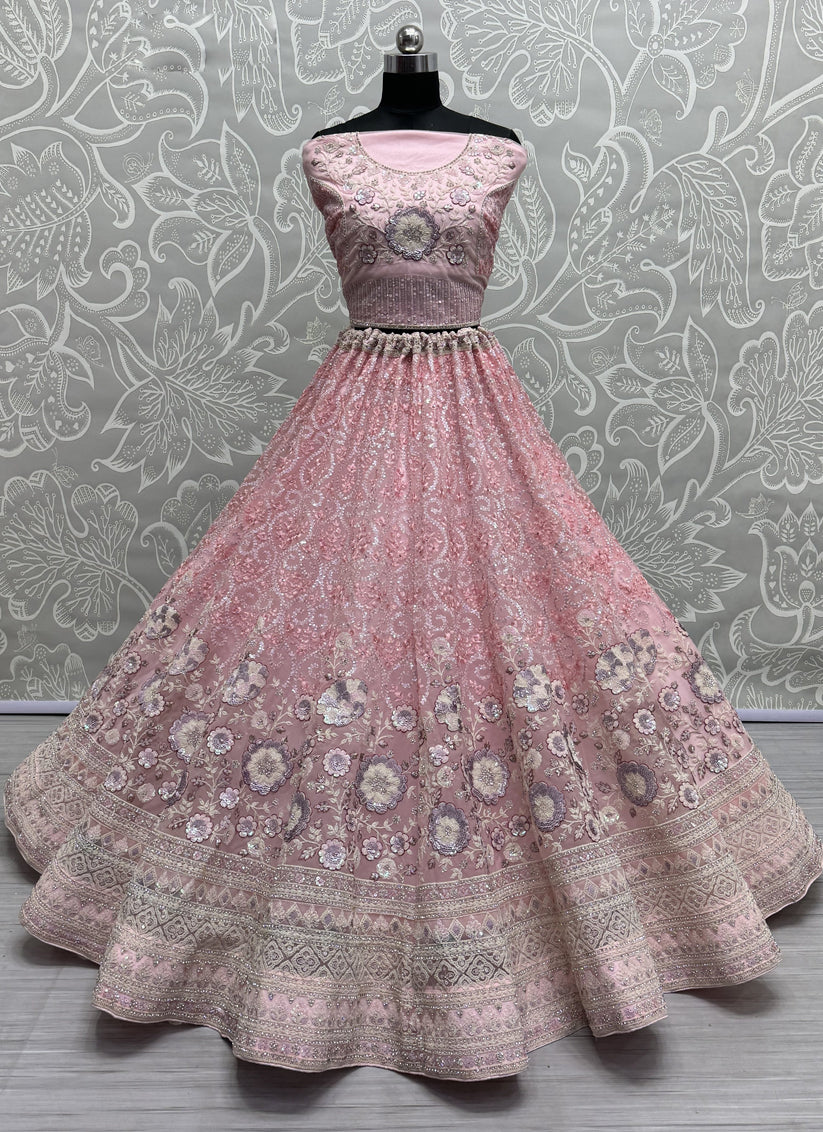 Rose Pink Net Embroidered Designer Lehenga Choli
