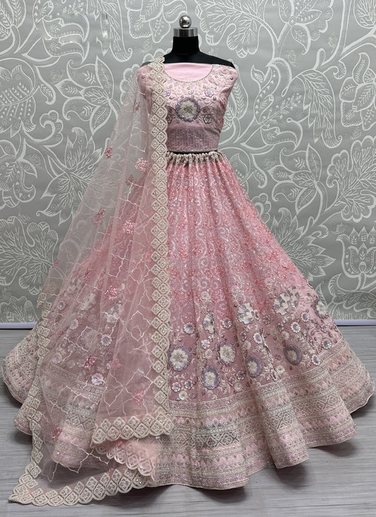 Rose Pink Net Embroidered Designer Lehenga Choli