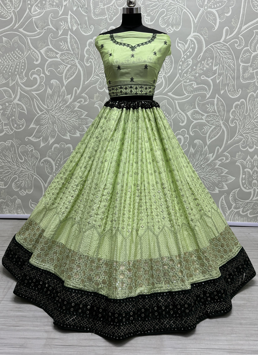 Pistachio Green Georgette Embroidered Wedding Lehenga Choli