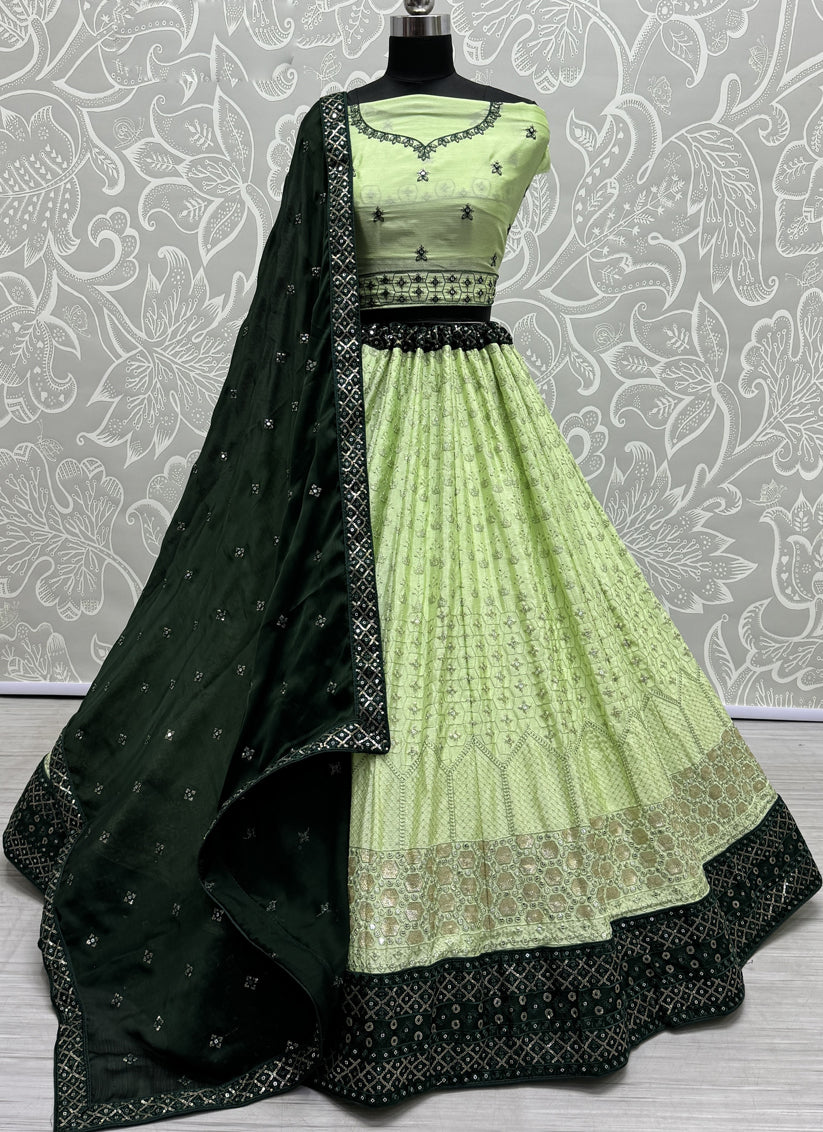 Pistachio Green Georgette Embroidered Wedding Lehenga Choli