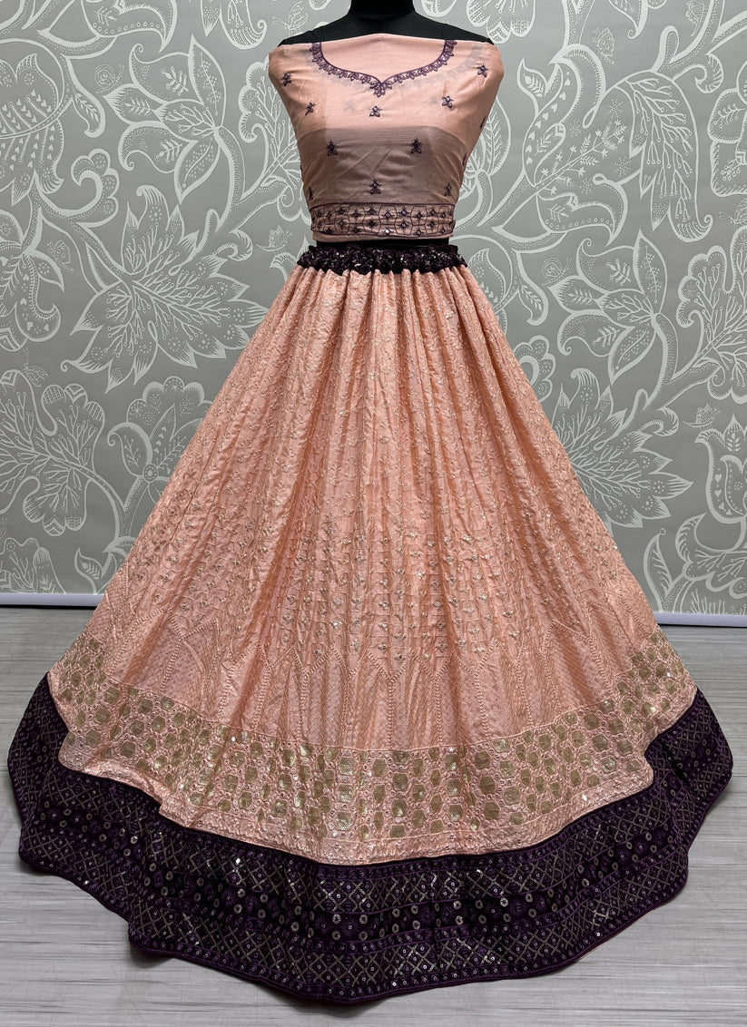 Peach Georgette Embroidered Wedding Lehenga Choli