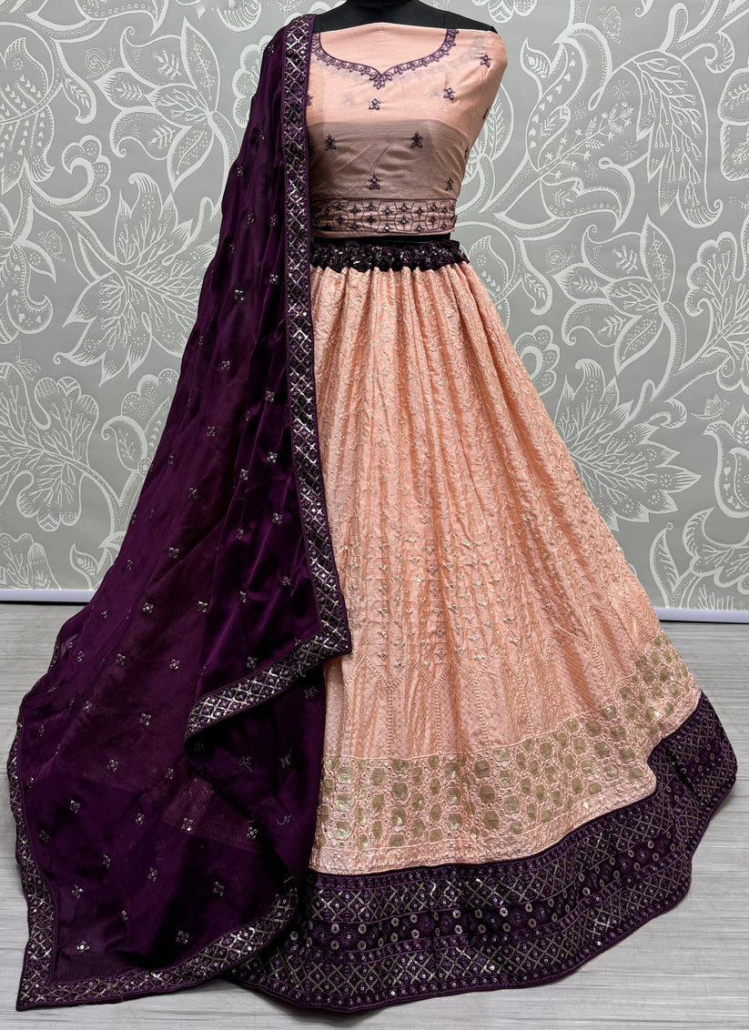 Peach Georgette Embroidered Wedding Lehenga Choli