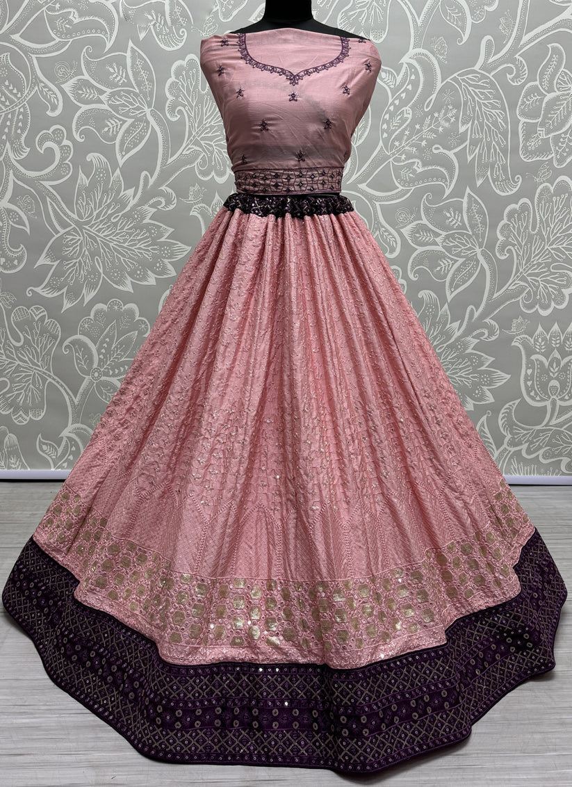 Coral Pink Georgette Embroidered Wedding Lehenga Choli