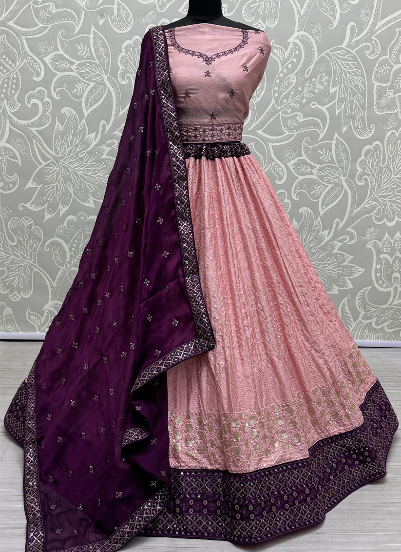 Coral Pink Georgette Embroidered Wedding Lehenga Choli