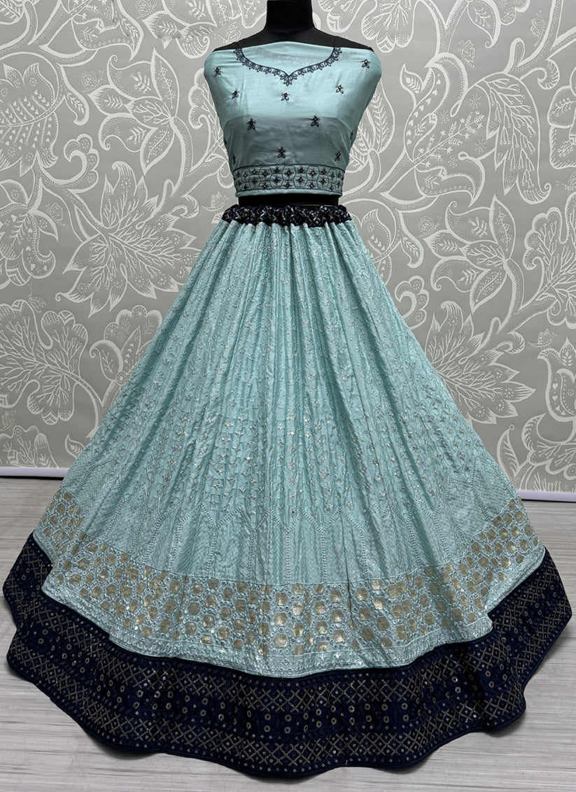 Ice Blue Georgette Embroidered Wedding Lehenga Choli