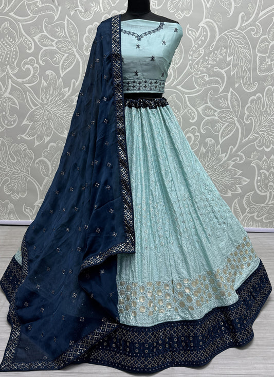 Ice Blue Georgette Embroidered Wedding Lehenga Choli