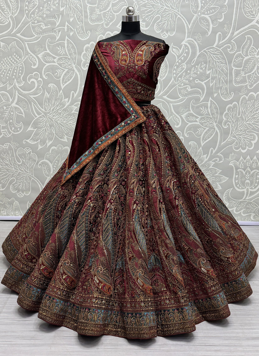 Maroon Velvet Embroidered Designer Bridal Lehenga Choli