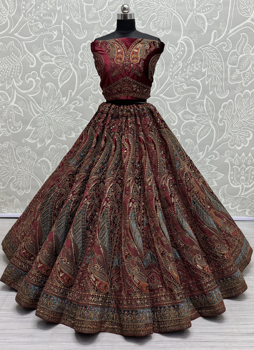 Maroon Velvet Embroidered Designer Bridal Lehenga Choli