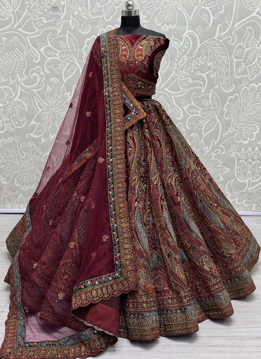 Maroon Velvet Embroidered Designer Bridal Lehenga Choli