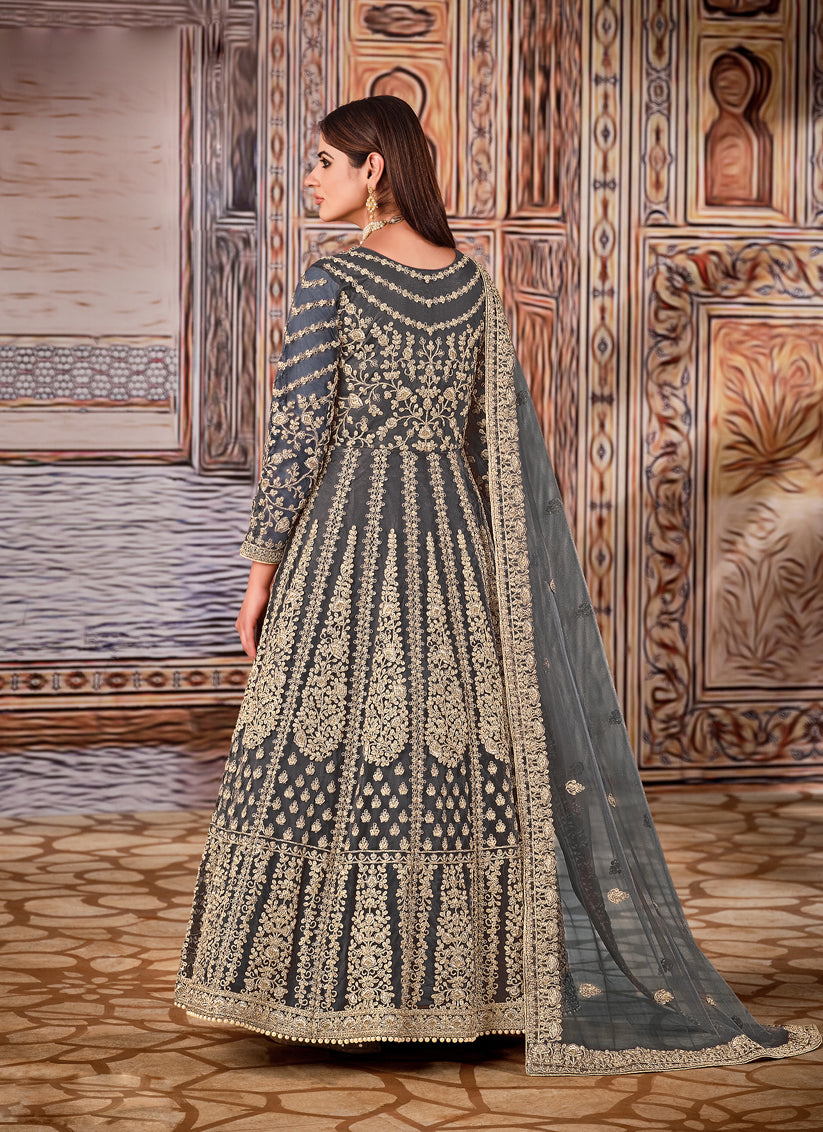 Slate Grey Net Embroidered Anarkali Suit
