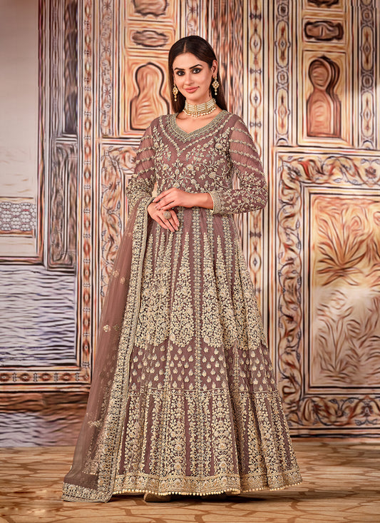 Brown Net Embroidered Anarkali Suit