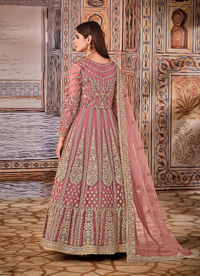 Mauve Pink Net Embroidered Anarkali Suit