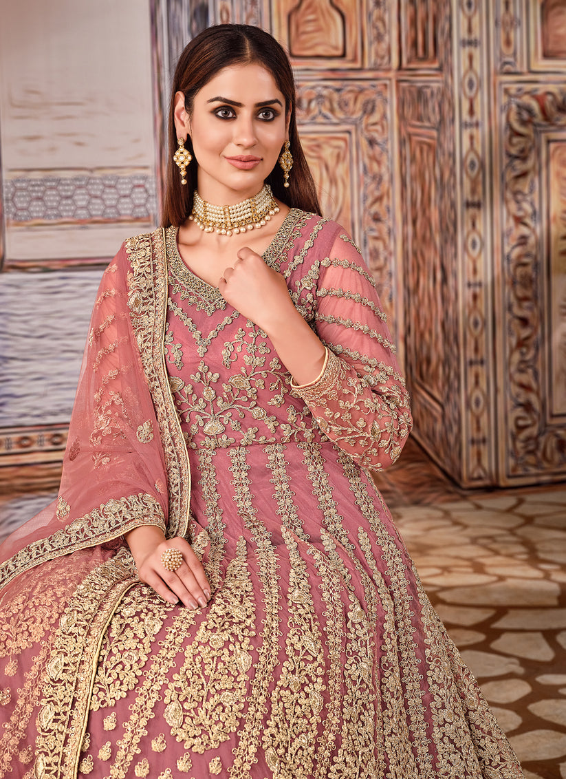 Mauve Pink Net Embroidered Anarkali Suit