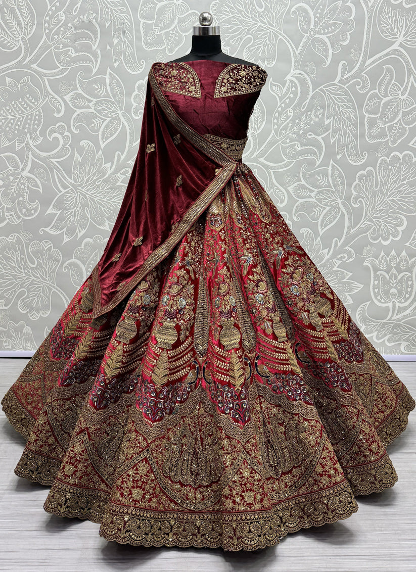 Red Velvet Embroidered Designer Bridal Lehenga Choli