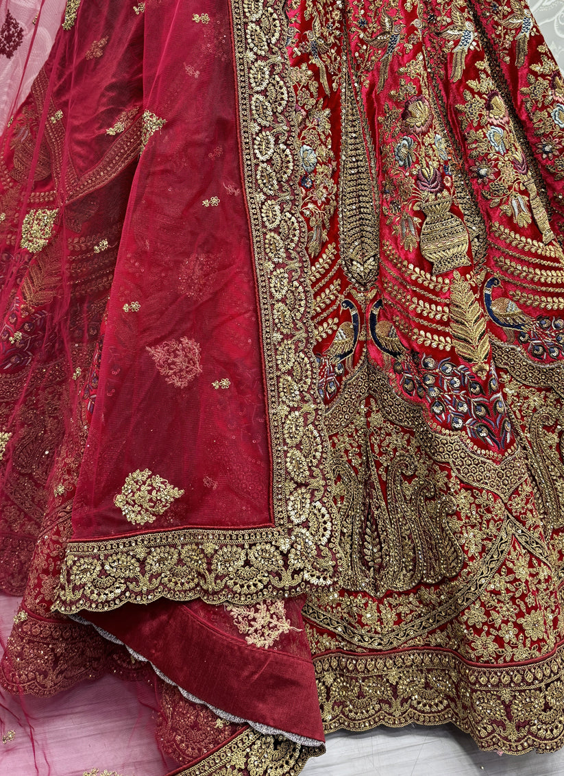 Red Velvet Embroidered Designer Bridal Lehenga Choli