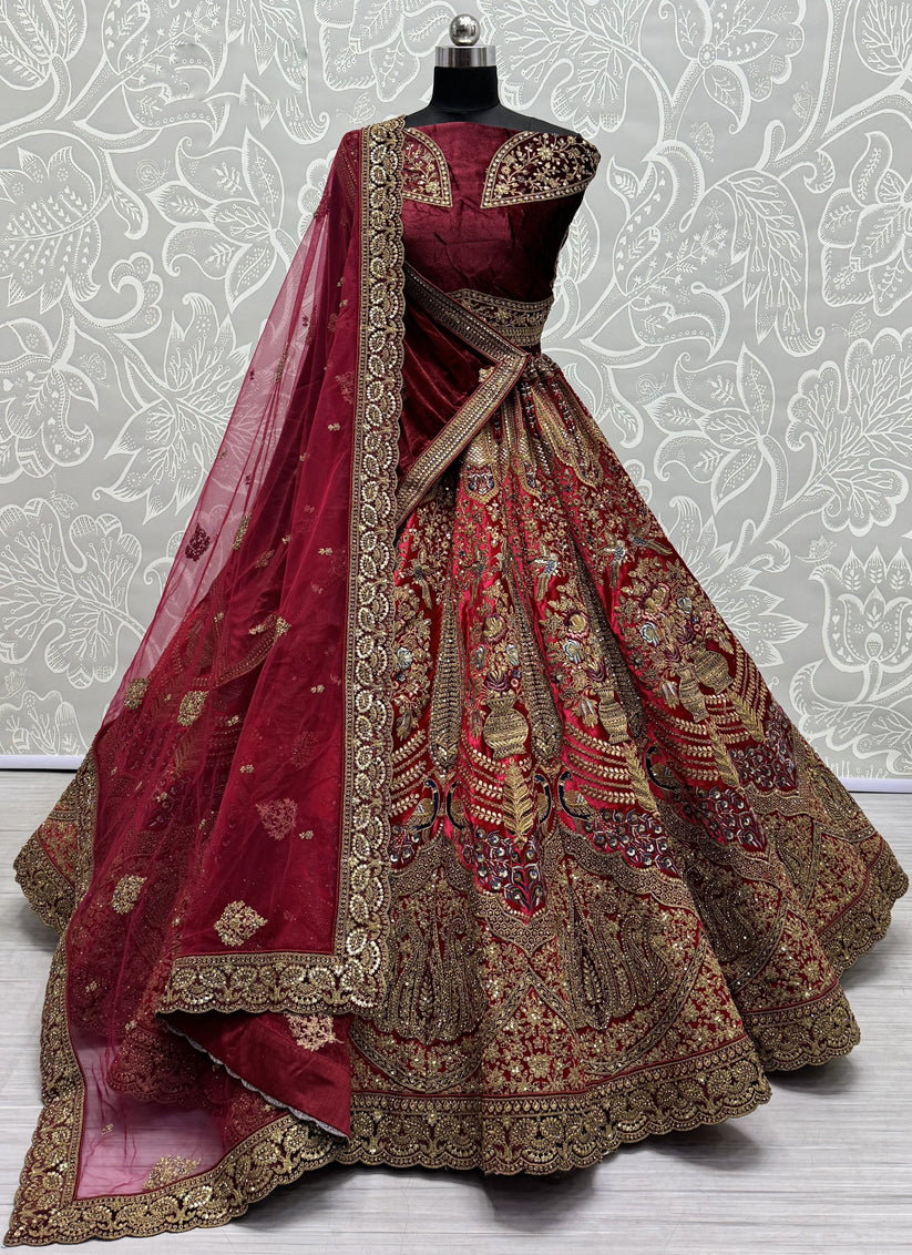 Red Velvet Embroidered Designer Bridal Lehenga Choli