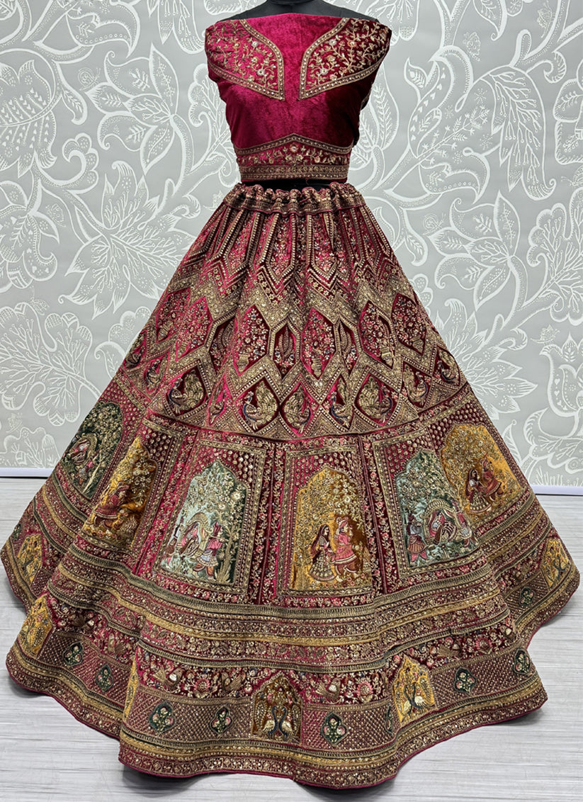 Rani Pink Velvet Embroidered Designer Bridal Lehenga Choli