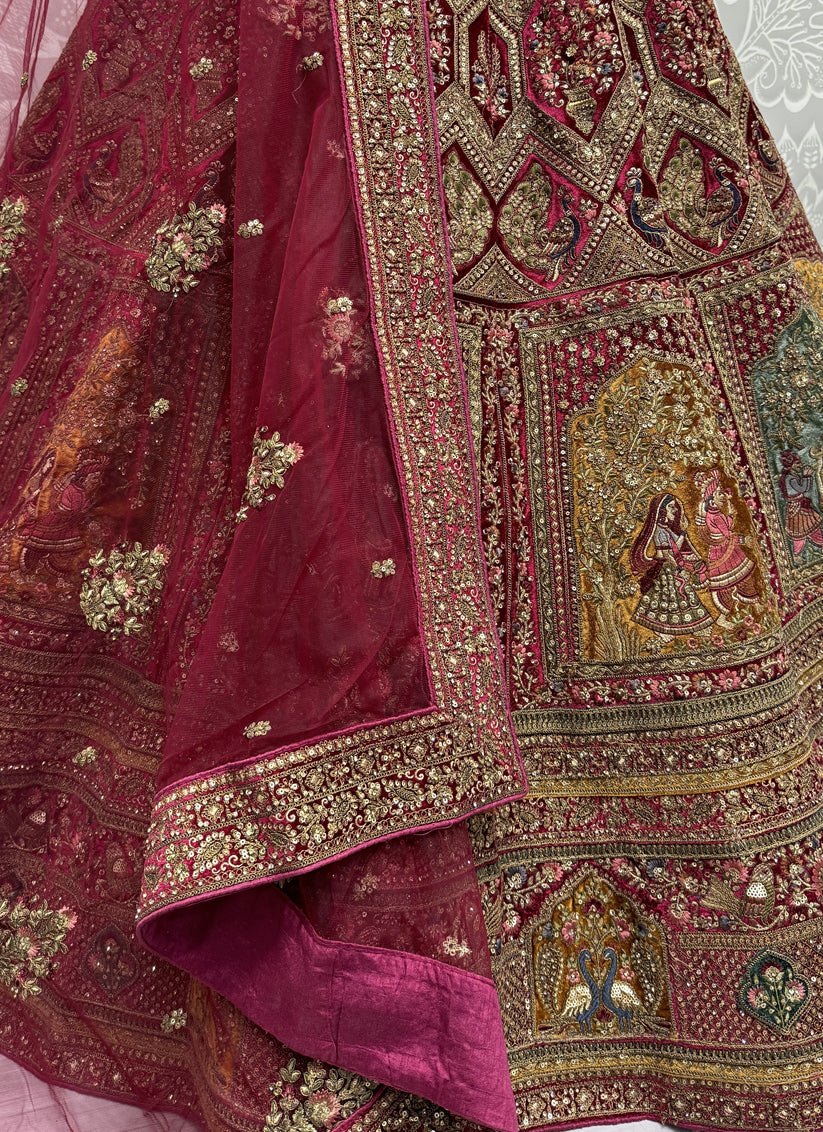 Rani Pink Velvet Embroidered Designer Bridal Lehenga Choli