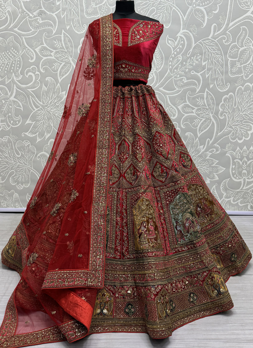 Red Velvet Embroidered Designer Bridal Lehenga Choli