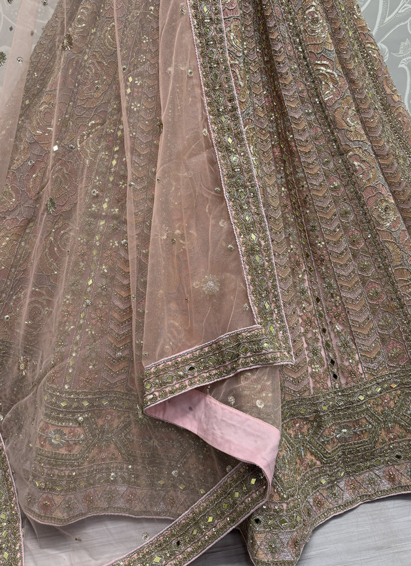 Peach Heavy Net Embroidered Designer Lehenga Choli