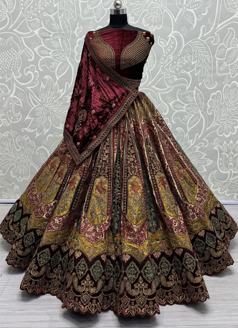 Beige Velvet Embroidered Designer Lehenga Choli