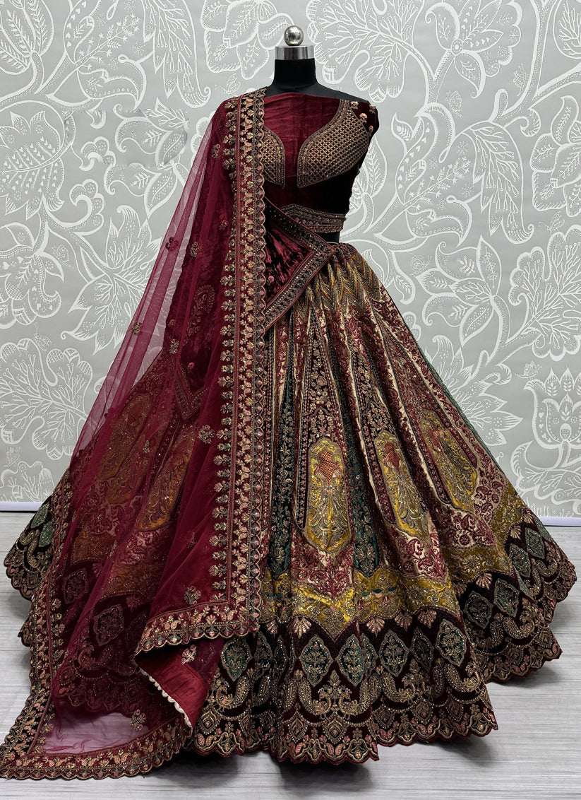 Beige Velvet Embroidered Designer Lehenga Choli