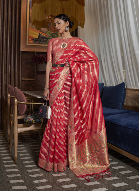 Gajari Red Organza Handloom Woven Saree