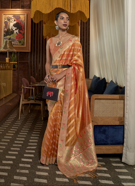 Sunset Orange Organza Handloom Woven Saree