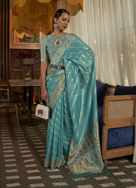 Azure Blue Organza Handloom Woven Saree