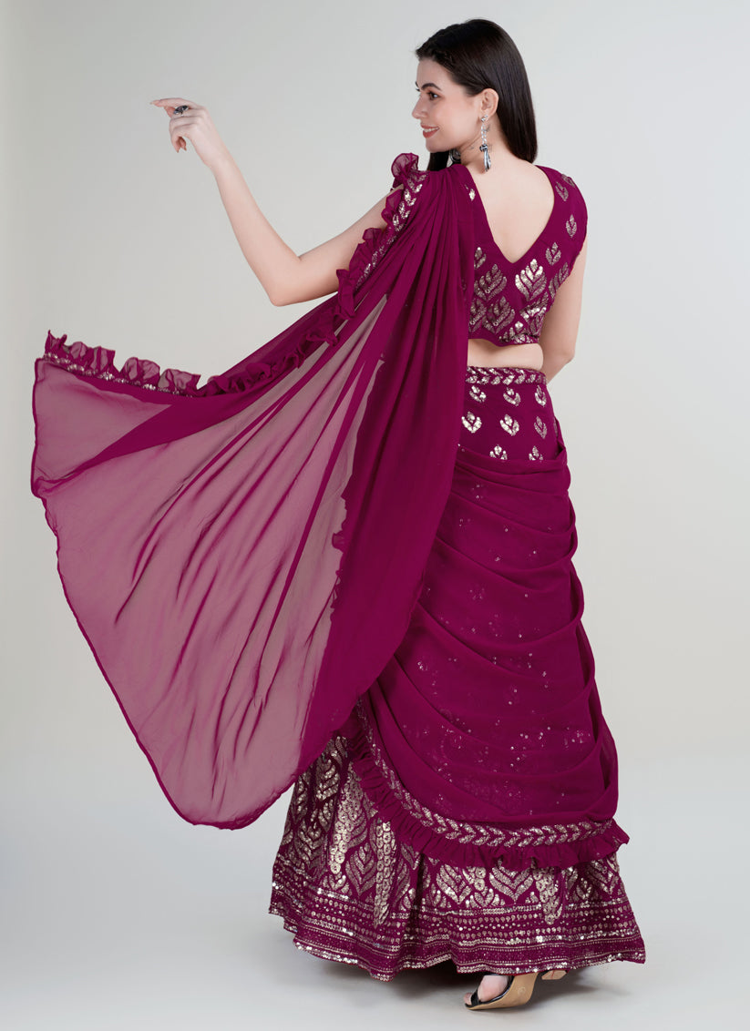 Wine Georgette Embroidered Designer Lehenga Saree