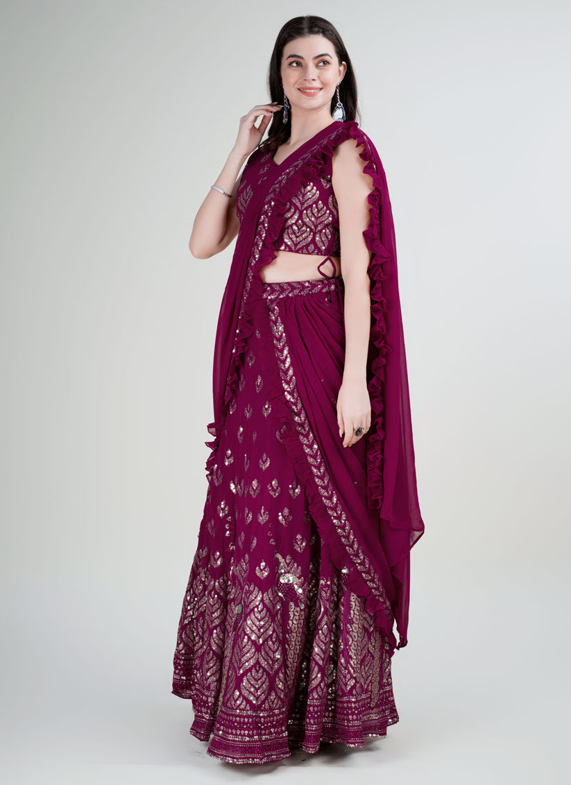 Wine Georgette Embroidered Designer Lehenga Saree