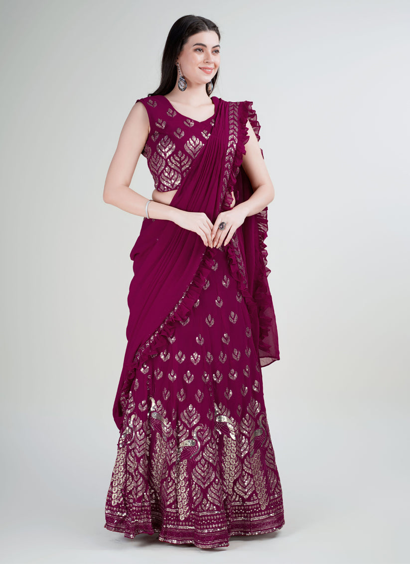 Wine Georgette Embroidered Designer Lehenga Saree