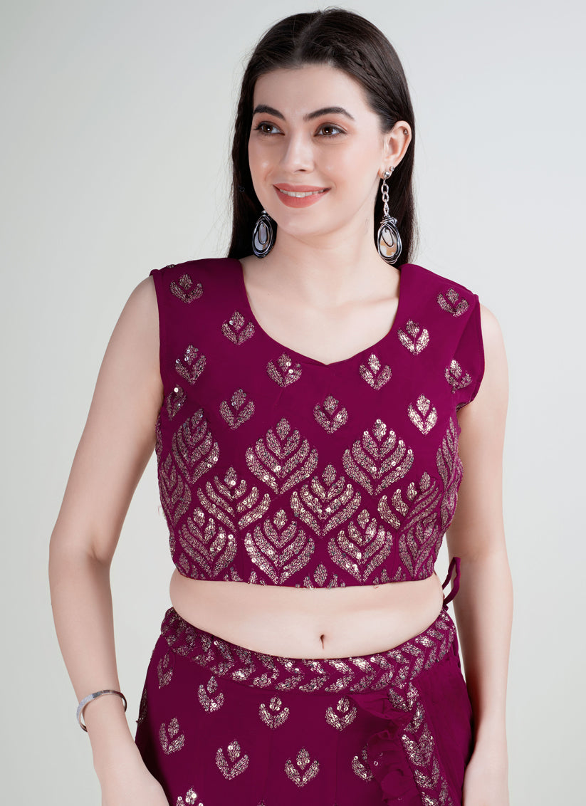 Wine Georgette Embroidered Designer Lehenga Saree