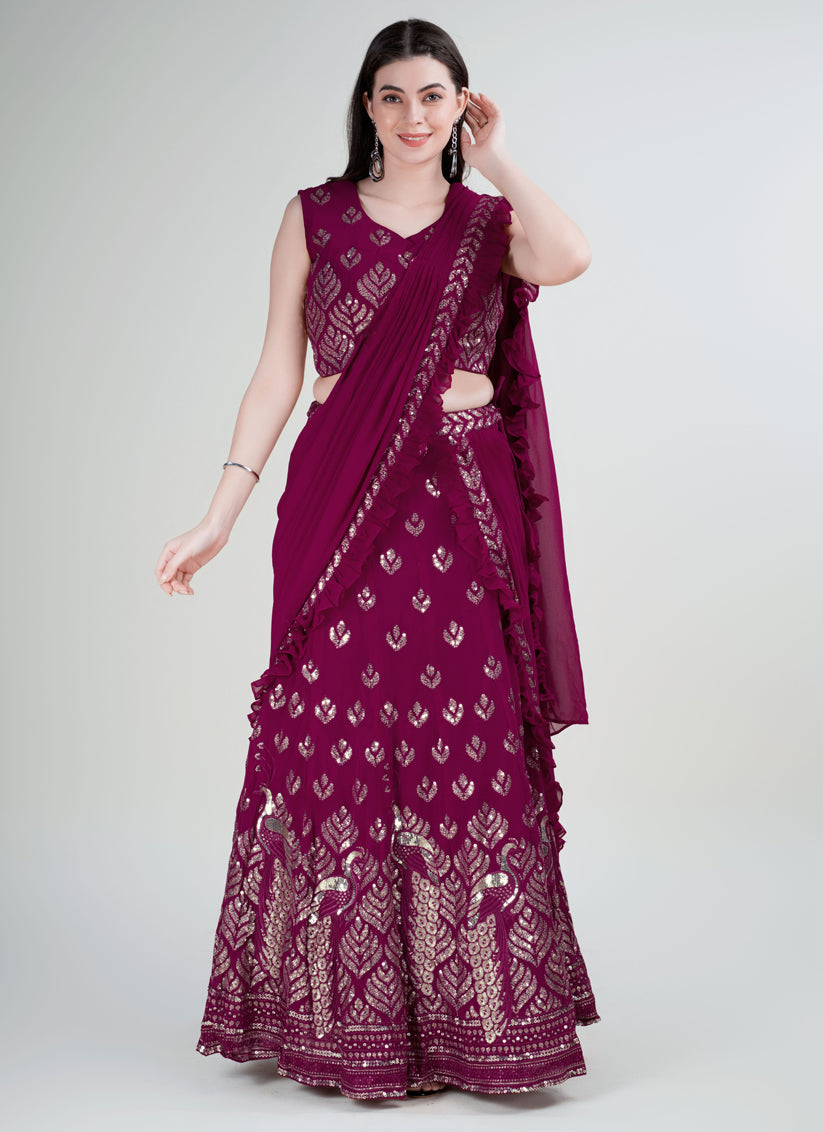 Wine Georgette Embroidered Designer Lehenga Saree