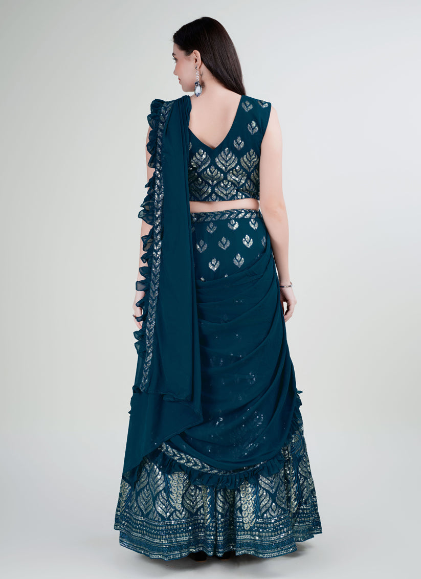 Peacock Blue Georgette Embroidered Designer Lehenga Saree