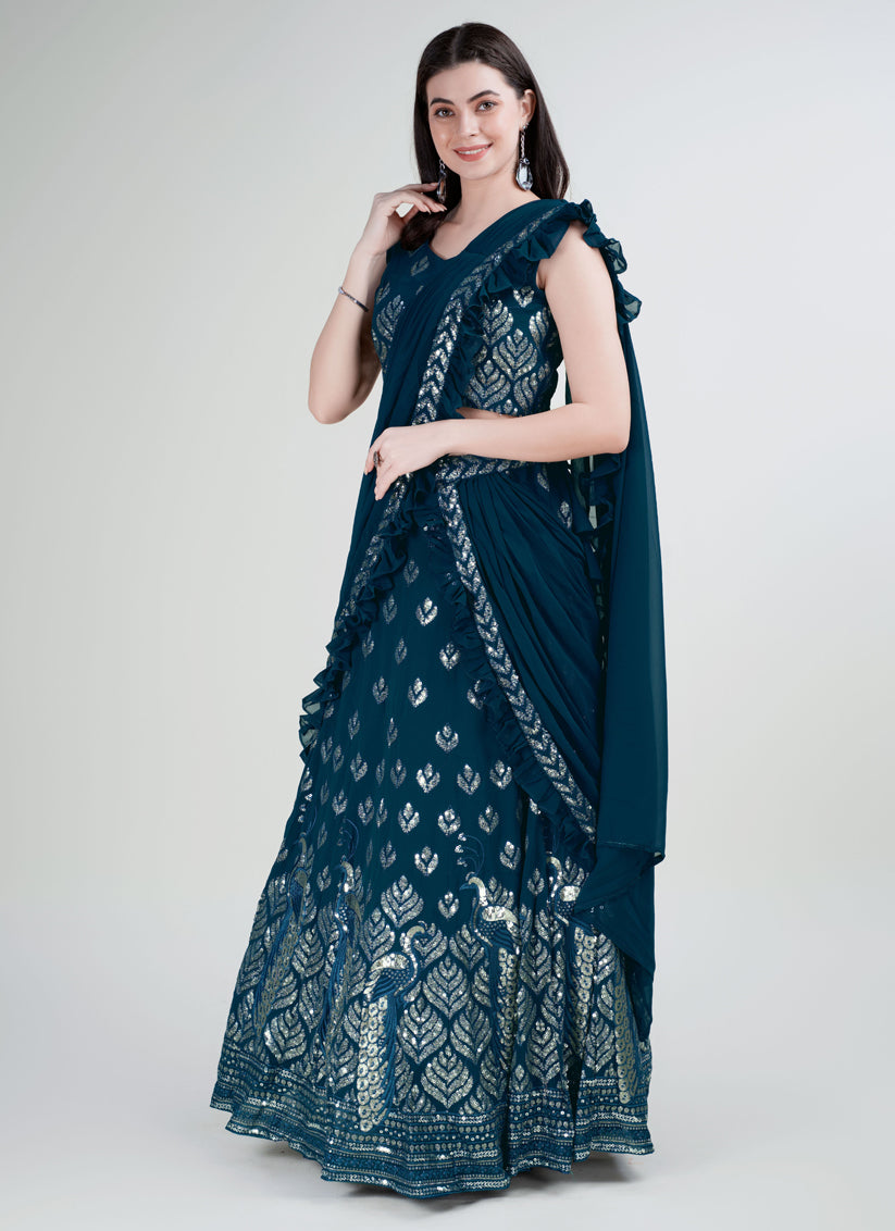 Peacock Blue Georgette Embroidered Designer Lehenga Saree